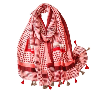 Red and white geometric check cotton linen scarf with handmade tassels for beach and travel