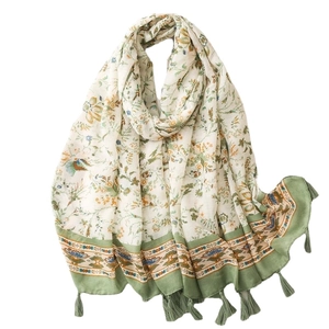 Pastel floral cotton linen shawl with green borders and fringes on white background