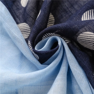 Polka dot lightweight cotton linen scarf in blue tones with fringe for beach sun protection