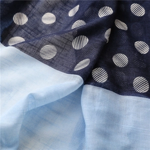Macro detail of the lightweight slub cotton fabric with classic navy blue polka dots