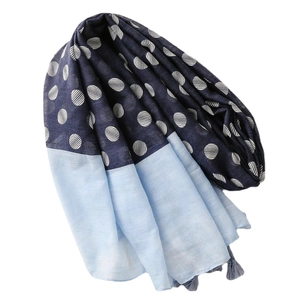 Navy and light blue polka dot cotton linen scarf with elegant tassel fringe details