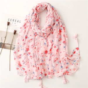 Women Floral Scarf Lightweight Cotton Linen Feel Shawl With Tassels Pink Summer Beach Sun Protection Wrap Elegant Travel Scarf