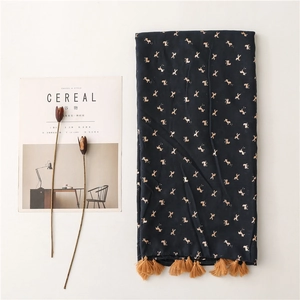 Navy blue cotton linen scarf with gold foil animal print and yellow tassels for summer beach