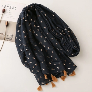 Navy blue cotton linen scarf with gold unicorn foil print and decorative tassels