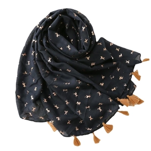Navy blue bali yarn scarf with gold horse print and tassels for beach shawl use