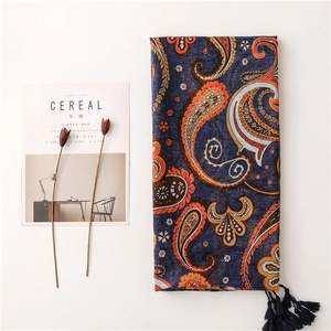 Navy blue paisley cotton-linen scarf with orange patterns and bohemian fringe trim