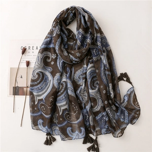 Brown paisley cotton linen scarf with blue floral prints and tassel edges for women