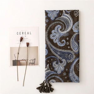 Brown paisley cotton linen scarf with blue floral patterns and tassel fringe detail