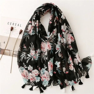 Large Floral Print Scarf Shawl Polyester Bali Yarn Soft With Tassels Bohemian Ethnic Style For Women Lightweight Wrap