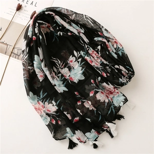 Black Bohemian floral shawl scarf with pink and blue large blooms and tassel details