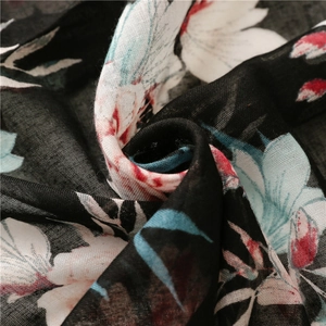 Bohemian floral scarf in black voile with large red and white blossoms wrap shawl