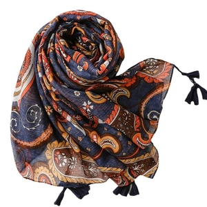 Bohemian paisley print shawl with dark blue tassels and vintage floral pattern motifs