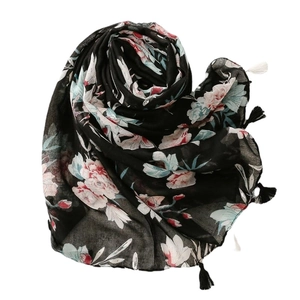 Bohemian black voile scarf with large pink floral patterns and fringe tassels