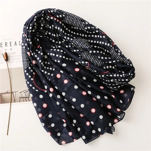 Navy blue polka dot cotton linen scarf with tassels, elegant beach shawl for women