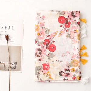 Floral print cotton linen scarf with ink painting pattern and handmade tassels