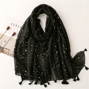 Women Lightweight Scarf Polyester Voile Shawl With Gold Foil Star Moon Pattern And Tassels Elegant Soft Sun Protection Wrap