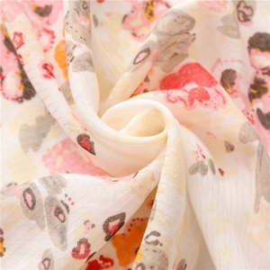 Elegant floral cotton linen scarf with ink painting print and soft fringe tassels