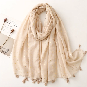 Beige cotton blend scarf with gold star foil prints and fringe tassels for women