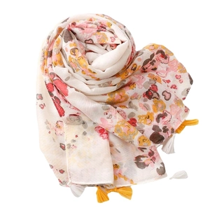 Floral print cotton linen scarf for women with elegant tassels in beige and orange