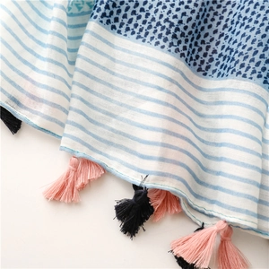 Dettaglio di sciarpa in cotone e lino con stampa leopardata blu, righe e nappe