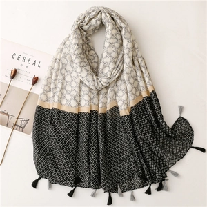 Large Scarf Shawl Women Cotton Polyester Blend Satin Star Geometric Floral Print Color Block With Tassels Beach Travel Sun Protection