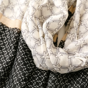 Detail of black and white scarf featuring floral patterns and geometric grid textures