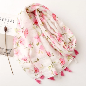 Lightweight white scarf with pink floral print and delicate tassels for women