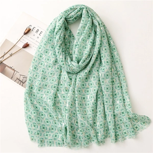 Women Geometric Print Scarf Cotton Satin Gold Foil Stamping Lightweight Tassel Shawl Wrap Beach Travel Versatile