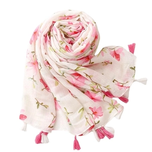 Floral print cotton linen scarf with pink blossoms and handmade tassels for women