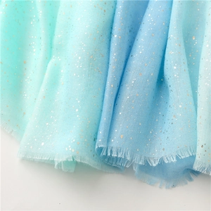 Detailed macro view of gradient mint to blue scarf fabric with sparkling glitter texture