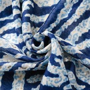 Detail of blue and white animal print scarf featuring stylish silver foil stamping accents