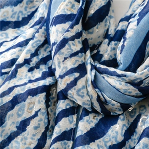 Close-up of leopard print scarf with blue zebra patterns and silver metallic sequins