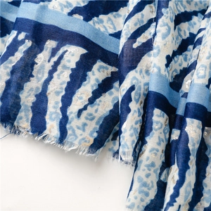 Detailed view of leopard zebra print scarf with silver sequins and frayed edges