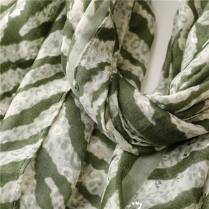 Detailed macro view of green leopard print scarf with silver sequins and soft fabric texture