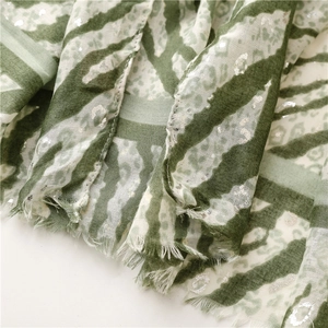 Detailed macro view of green leopard and zebra print scarf with silver foil accents