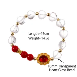 Bracelet artisanal en perles de verre cœur transparent avec gemmes rouges