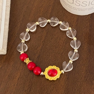 Bracelet À Perles Avec Perles En Verre Cœur Transparent Et Accents Rouges Charme De Fleur Dorée Bijoux Rétro Pour Femmes