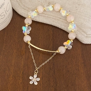 Pink Crystal Beaded Bracelet With Iridescent Butterfly And Zircon Flower Pendant 18K Gold Plated For Women Sweet Style