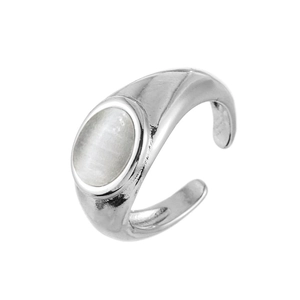 Minimalist silver open ring with an oval cat eye stone in a modern streamlined design