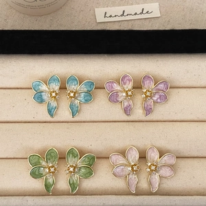 Flower Petal Stud Earrings With Enamel Drip Oil And Cubic Zirconia Gold Plated Copper Elegant Sweet French Style Women