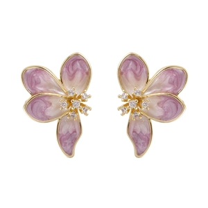Elegant floral stud earrings with pink enamel petals and sparkling cubic zirconia centers
