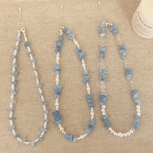 Collier Ras De Cou Fait Main Avec Pierre Naturelle Bleu Clair Et Künstliche Perles Bijoux Style Frais Pour Femmes