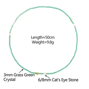 Collier de perles en cristal vert herbe à trois rangs avec œil de chat et fleur