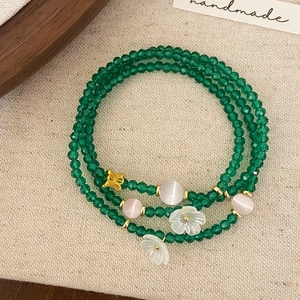 Bracelet Enroulé Multi Couches En Perles De Cristal Vert Vintage Avec Pierre Oeil De Chat Breloques Fleur Papillon Bijoux Élégants Plaqué Or