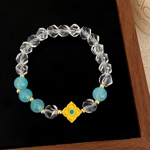 Bracelet Perles Pour Femmes Avec Perles En Verre Cristal Et Perles Bleu Clair Pendentif Fleur Élégant Bijoux Plaqué Or