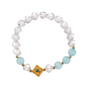 Bracelet en perles bleu clair avec perles de cristal et pendentif fleur dorée turquoise