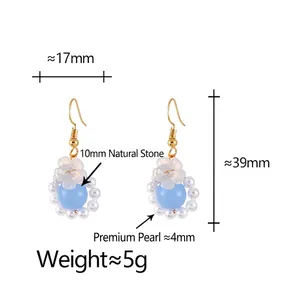 Light blue stone and pearl tassel flower earrings with measurements in 17x39mm