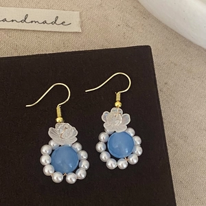 Blue Natural Stone And Artificial Pearl Dangle Earrings With Transparent Flower Petal Elegant Sweet Style Jewelry For Women