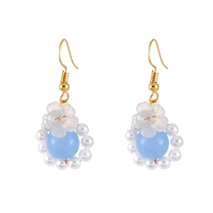 Elegant floral drop earrings with light blue stone, pearl fringe, and golden hooks