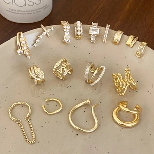 Vintage Gold Plated Copper Ear Cuff Geometric Zirconia Pearl No Piercing Earrings For Women Fashion Jewelry Gift